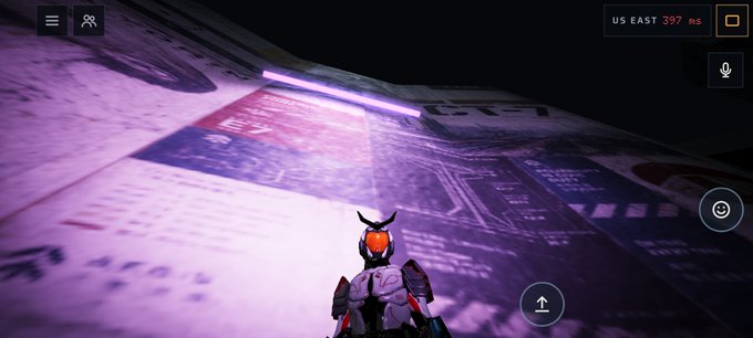 A screenshot of a video game showing a robotic character with horns standing in a futuristic, paper-textured environment with UI elements displaying 'US EAST 397 ms'.