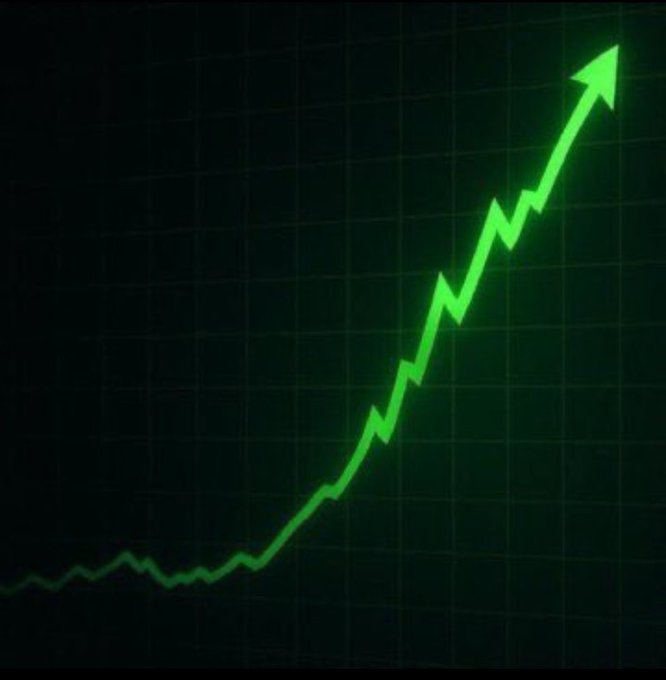 A green upward-trending line graph with an arrow pointing up on a dark grid background, indicating rising growth or positive market performance.