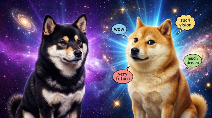 Two Shiba Inu-style dogs (one black and tan, one cream) sit against a cosmic purple galaxy background with speech bubbles reading "wow," "such vision," "very future," and "much dream."