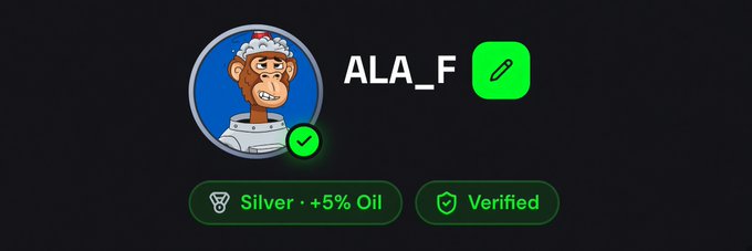 The image shows a profile on the Kiedex platform with the username "ALA_F" featuring a Bored Ape avatar, displaying Silver tier status with a +5% Oil bonus and a Verified badge. This visually represents the user's achievement of securing verification on Kiedex, which they celebrate in their Day 3 $KDX trading competition update where they hold 3rd place.