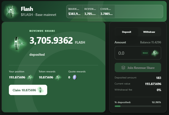 A cryptocurrency dashboard displaying 'Flash' with a revenue share of 3,705.9362 FLASH deposited and various token metrics.