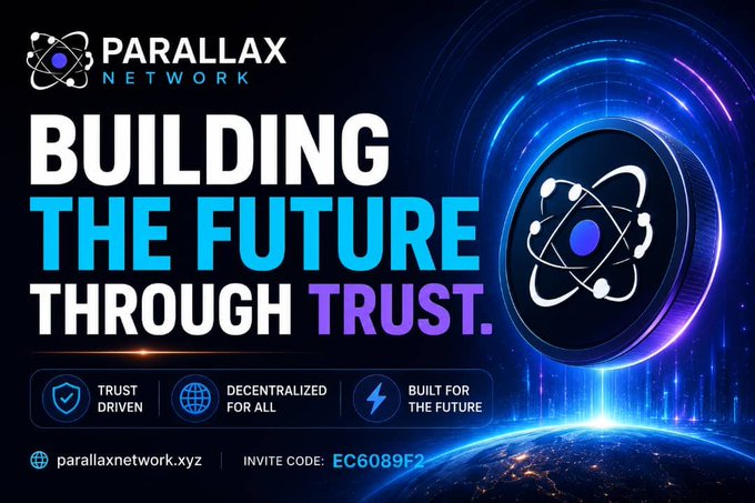 A promotional banner for 'Parallax Network' with the tagline 'BUILDING THE FUTURE THROUGH TRUST,' highlighting features like Trust Driven, Decentralized For All, and Built For The Future, with an invite code EC6089F2.