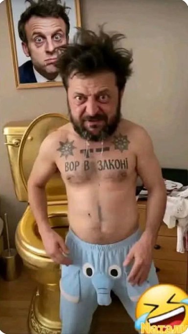 A shirtless man with messy hair and chest tattoos reading 'ВОР В ЗАКОНІ' stands in front of a gold toilet wearing cartoonish underwear, while a framed photo of Emmanuel Macron making a funny face hangs behind him.