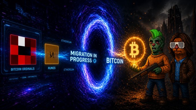 A digital illustration with a sci-fi theme showing 'BITCOIN ORDINALS' and 'RUNES' cards on the left, a blue swirling portal labeled 'MIGRATION IN PROGRESS ETHEREUM' and 'BITCOIN' in the center, and two zombie-like characters holding a gun on the right.