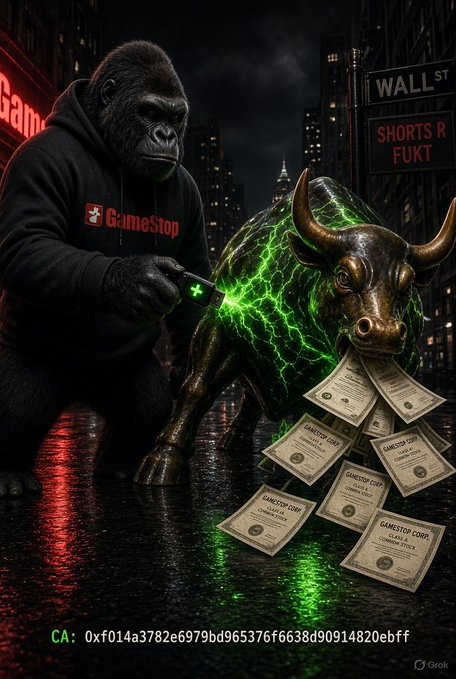 An AI-generated illustration of a gorilla wearing a GameStop hoodie charging a green-glowing bull statue with a USB cable on Wall Street, surrounded by GameStop stock certificates, with a contract address at the bottom.