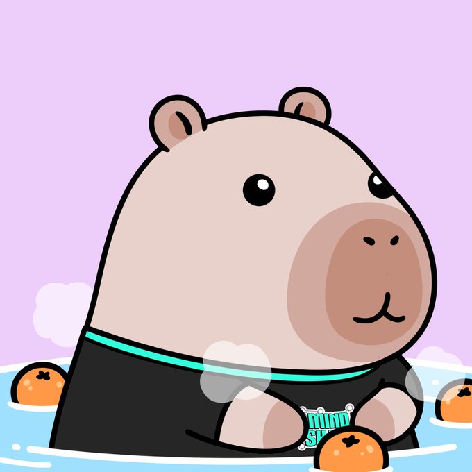 A cute cartoon capybara character in a black shirt with a teal collar relaxes in a pool of water surrounded by floating oranges, with a small "Kaito" tag visible on its shirt, matching the post about a Kaito's Yapybara card.