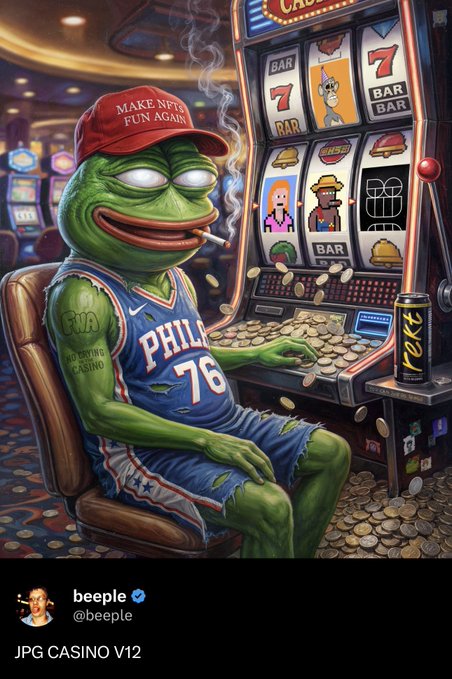 A worn, tired-looking Pepe the Frog wearing a "MAKE NFTS FUN AGAIN" hat and a Philadelphia 76ers jersey sits slumped at a casino slot machine, smoking a cigarette amid piles of coins, evoking the post's musing on whether the NFT market is experiencing a real comeback or just a fleeting blip.