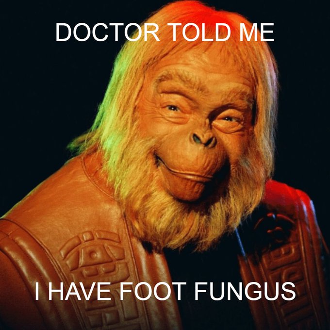 The image features a photoshopped ape-like character wearing leather armor with the text "DOCTOR TOLD ME" at the top and "I HAVE FOOT FUNGUS" at the bottom. The meme humorously references the post's confident crypto call predictions (calling $BLOB, $VOID, and $GHOST with massive multiples), implying that anyone betting against ("fading") the poster must be as foolish as someone ignoring a doctor's medical advice.
