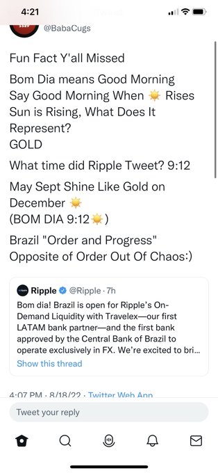 A Twitter screenshot from @BabaCugs discussing a fun fact about "Bom Dia" (Good Morning) in relation to a Ripple tweet about Brazil's LATAM bank partnership, dated 8/18/22 at 4:07 PM.