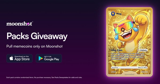 The image features a card for a Packs Giveaway from Moonshot. The card has a cat wearing sunglasses and a gold coin with a yellow background, which appears to be a character or mascot from the Moonshot app. The text on the card announces that there is a Packs Giveaway happening in celebration of the release of a new Moonshot app, and invites users to enter their name and social media handles for a chance to win one of ten casual packs.