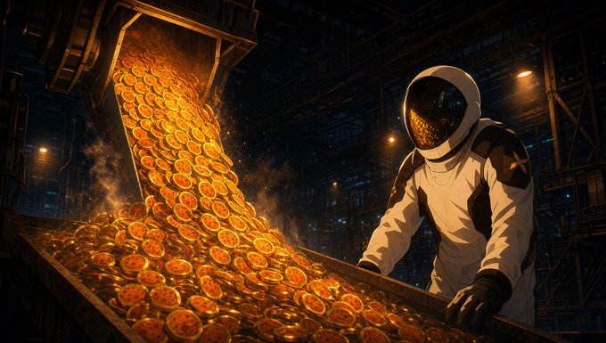An astronaut in a white suit inspects a conveyor belt overflowing with glowing gold coins in a dim industrial facility.