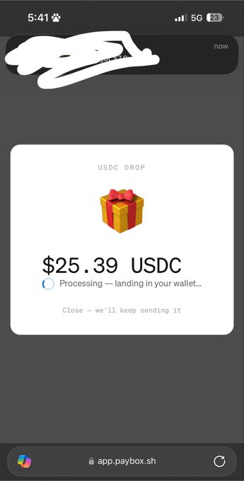 A screenshot of a mobile browser showing a USDC drop notification from app.paybox.sh for $25.39 USDC processing, aligning with the post claiming free money from Moonpay.