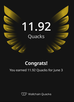 The image shows a poster with an illustration of a bird's wing design that is gold and yellow. The background of the poster has a black color, making the golden bird wings stand out prominently. Below the winged design, there are two congratulatory messages written in black text. One message congratulates the person who achieved 11.92 Quacks on June 3, while the other congratulates them for their consistency and progress over the past week. The overall layout of the image is simple yet effective, emphasizing both the bird's design and the rewarding information it conveys.