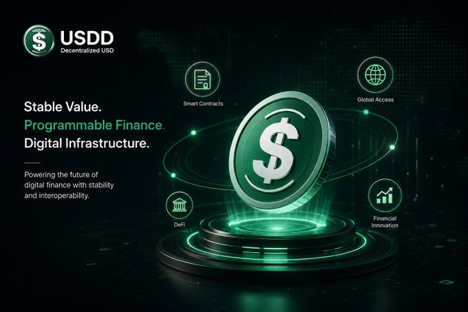 A USDD (Decentralized USD) promotional graphic highlighting 'Stable Value. Programmable Finance. Digital Infrastructure.' with icons for Smart Contracts, Global Access, DeFi, and Financial Innovation.
