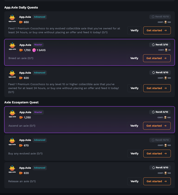 App.Axie Daily Quests and Axie Ecosystem Quest page listing tasks like feeding, breeding, and ascending axies with point rewards and 'Get started' buttons.