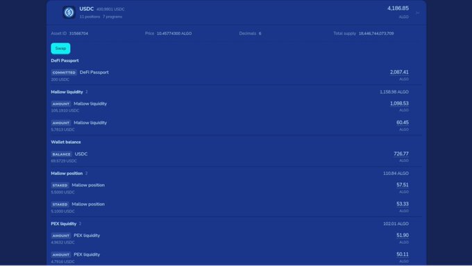 A DeFi portfolio dashboard showing a USDC balance of 4,186.85 with positions across DeFi Passport, Mellow liquidity, PEX liquidity, and a total supply of 16,407,744,073.708.