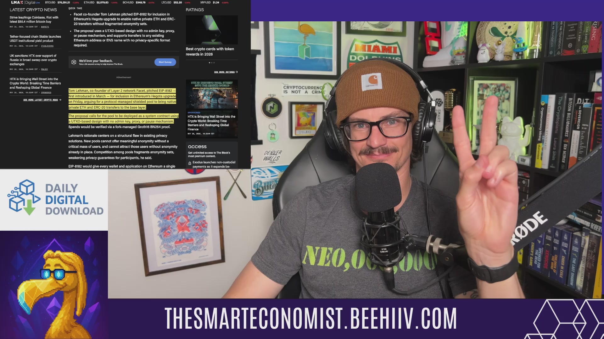 The image shows a man wearing glasses sitting behind a microphone with his arms raised in victory. The background of the image features a computer screen displaying a webpage titled "Daily Digital" along with some text, possibly related to the topic of the post or the podcast being discussed on the radio show.