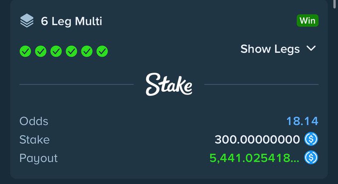 A screenshot from the betting platform Stake showing a successful '6 Leg Multi' bet with all six legs checked green, a stake of 300.00000000, and a payout of 5,441.025418...