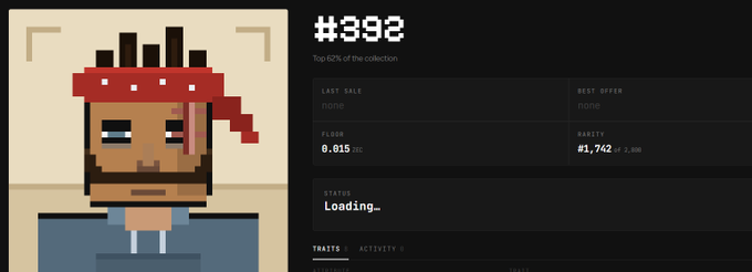 An NFT listing #392, showing a pixel art character with a red bandana, priced at 0.015 ETH with rarity #1,742 of 2,000.