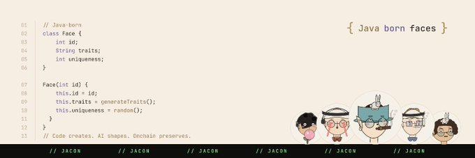 A snippet of Java code defining a 'Face' class with traits and uniqueness, accompanied by cartoon avatar illustrations and the text '{ Java born faces }'.
