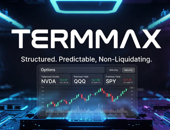 The image features a promotional advertisement with a large screen displaying "TermMax" written in bold white letters against an abstract blue background that includes neon lights. Below the word "TermMax", there are options listed such as "Structured, predictable, non-liquidating." and other financial terms. The main focus of this post is TermMax Alpha, which allows for access to more maturity and strike prices on various financial assets, including NVDA, QQQon, and SPY.