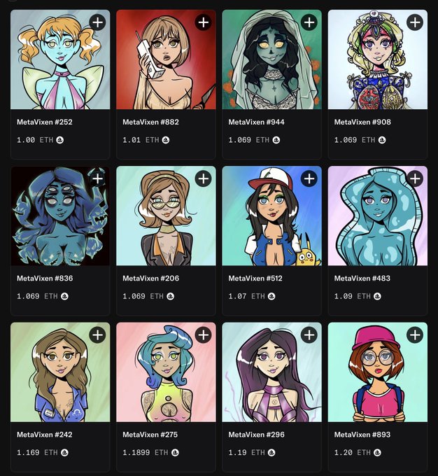 This image displays a grid of 12 unique digital art portraits titled "MetaVixen," each numbered (e.g., #252, #882) and priced in ETH, visually representing the individual 1/1 pieces available for collection.