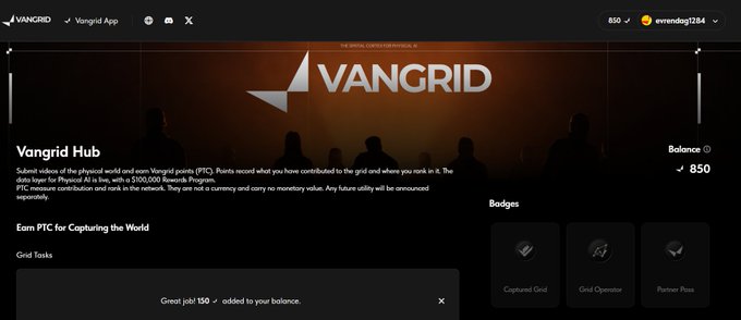 Screenshot of the 'Vangrid Hub' dashboard showing a balance of 850 points and a notification 'Great job! 150 added to your balance', featuring badges like 'Grid Operator' and 'Partner Pass'.