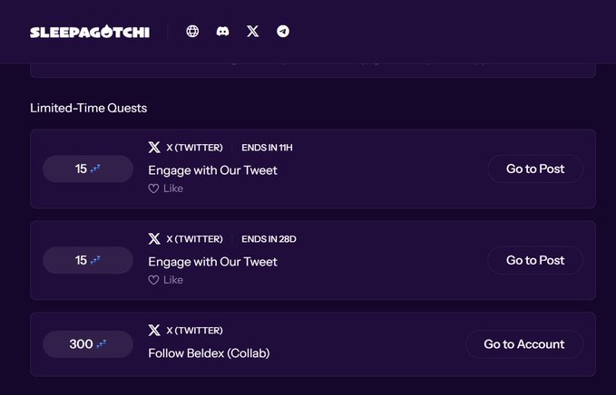 Screenshot of the Sleepagotchi 'Limited-Time Quests' page featuring tasks like 'Engage with Our Tweet' (ending in 11h and 28d) and 'Follow Beldex (Collab)' for 300 points.