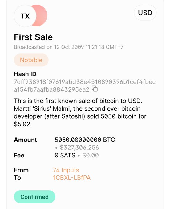 A cryptocurrency transaction confirmation screen showing the 'First Sale' of Bitcoin, broadcasted on 12 Oct 2009, where Martti 'Sirius' Malmi sold 5050 BTC for $5.02, now valued at $327,306,256.