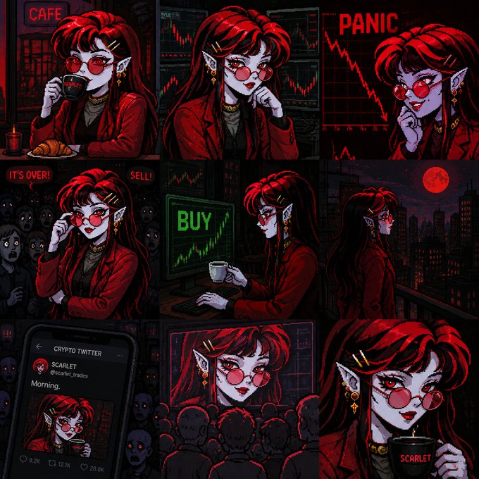 A 3x3 grid of dark anime-style illustrations features a red-haired character with pointed ears, red glasses, and gothic styling, with panels labeled 'CAFE', 'PANIC', 'IT'S OVER!', 'SELL!', 'BUY', and a 'CRYPTO TWITTER' post from @scarlet_trades displaying 'Morning.'