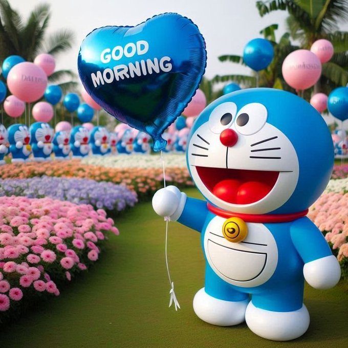 A 3D-rendered Doraemon character holding a blue heart-shaped balloon that says 'GOOD MORNING,' set in a colorful flower garden with palm trees and other Doraemon figures in the background.