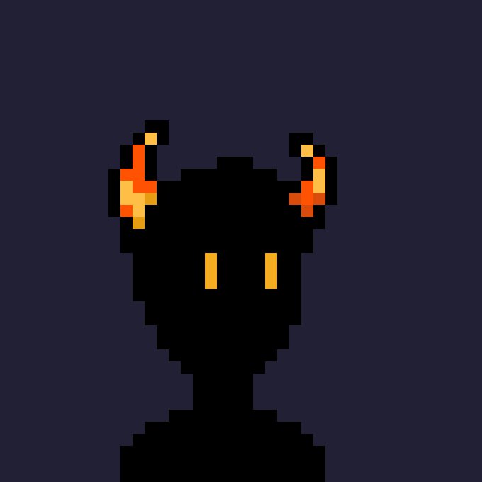 A small pixel-art character rendered in black with glowing yellow-orange horns and eyes stands against a solid dark navy background.