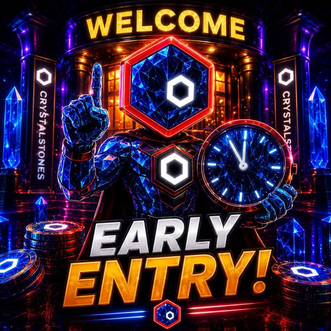 A promotional banner displaying a crystal-headed figure with 'WELCOME' at the top, 'CRYSTAL STONES' on banners, and 'EARLY ENTRY!' in bold text below, set against a vibrant blue and red neon background.