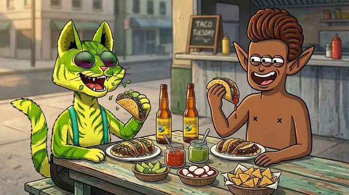 A cartoon-style illustration shows a green cat-like creature wearing sunglasses and an elf-like figure with red hair eating tacos at a table with beer bottles, under a 'TACO TUESDAY' sign.