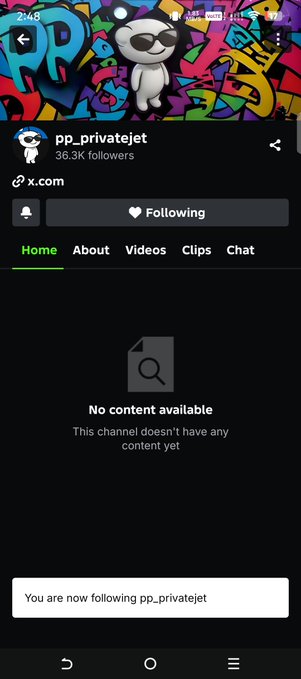 A Twitch mobile app showing the pp_privatejet channel on x.com with 36.3K followers, displaying 'No content available' message and 'You are now following pp_privatejet'.