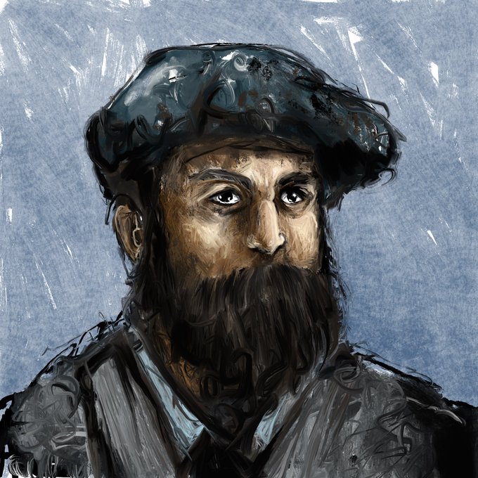 A digital painting of a bearded man wearing a dark, textured turban, rendered with expressive brushstrokes against a gray background.