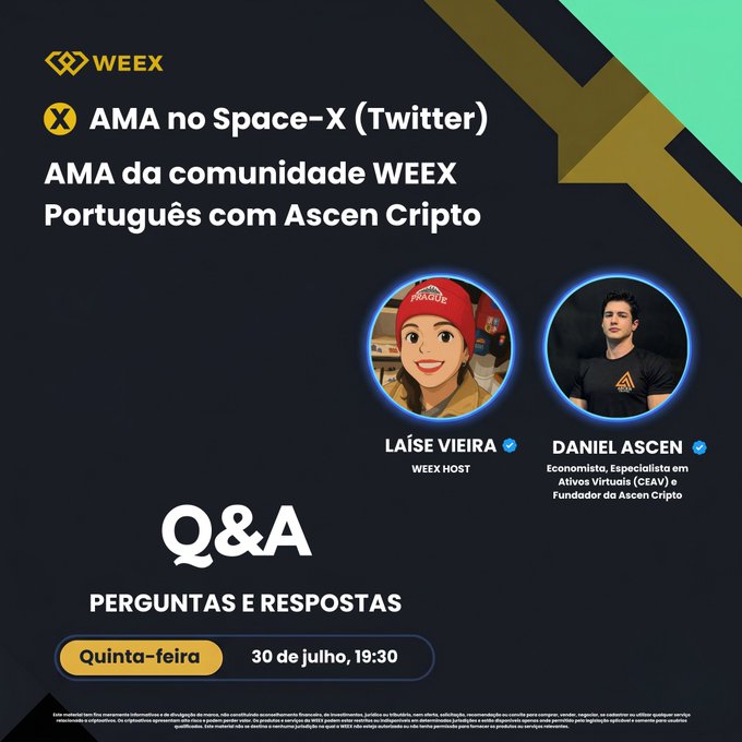 This image announces the 6th WEEX AMA Q&A Space on July 30, 19:30, featuring WEEX Host Laíse Vieira and Daniel Ascen, Economist and Founder of Ascen Cripto. The accompanying post promotes turning on reminders and submitting questions via a form link.