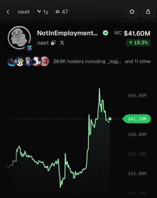 A screenshot of a token tracker shows $NEET, aka "NotInEmployment," with a market cap of $41.60M and a 15.3% gain over 1 year. The accompanying post highlights the token's recent 15% pump, which aligns with the upward trend visible at the end of the chart from around $34M to $44M.