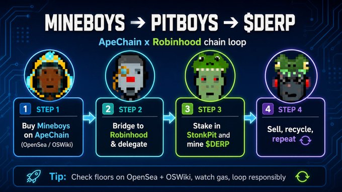 Infographic titled 'MINEBOYS → PITBOYS → $DERP' outlining a 4-step process: buy Mineboys on ApeChain, bridge to Robinhood, stake in StonkPit, and sell/recycle for $DERP.