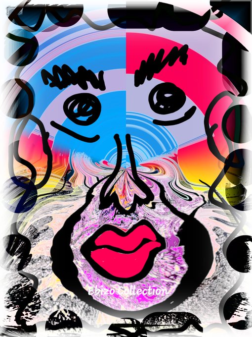 A colorful pop art style digital illustration of a face with large eyes, red lips, and abstract patterns, watermarked 'Ebizo SDilection'.