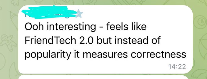 A screenshot of a text message reading 'Ooh interesting - feels like FriendTech 2.0 but instead of popularity it measures correctness', sent at 14:22.