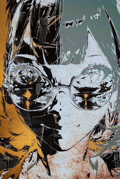 The image features a girl with glasses, which appears to be a digital art piece or an illustration. The girl's face is shown wearing glasses that are tinted yellow, giving her a unique appearance. The background of the image is black and white, providing contrast to the girl's face. The post reads "Gm! visão corrompida" with a link to the original image on the bottom right corner.