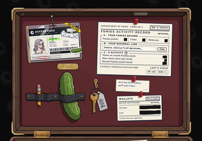 An illustrated bulletin board for 'FOMIES ACTIVITY RECORD' displays an Access Pass ID, a referral link section, a pickle, a key labeled '404', and a wallet wallet field.