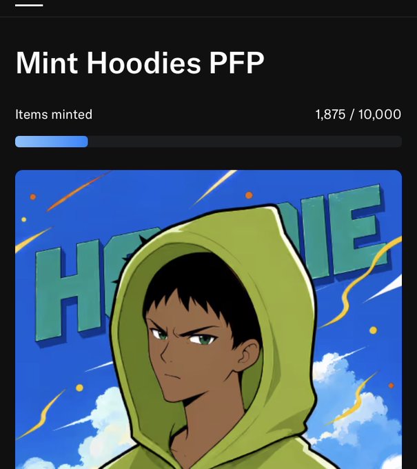 A NFT minting page titled 'Mint Hoodies PFP' showing 1,875/10,000 items minted, featuring an anime-style character in a green hoodie against a blue 'HOODIE' background.