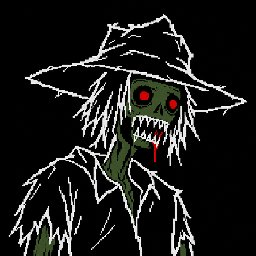 A stylized illustration depicts a green-skinned zombie wearing a wide-brimmed witch hat with glowing red eyes and blood dripping from its mouth.