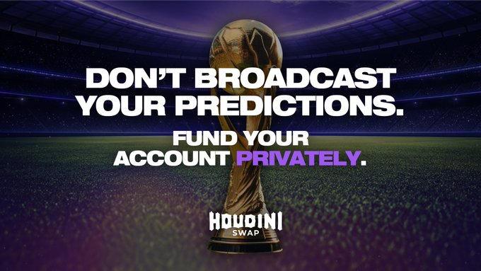 A golden World Cup trophy stands on a stadium field with the text "DON'T BROADCAST YOUR PREDICTIONS. FUND YOUR ACCOUNT PRIVATELY." alongside the Houdini Swap logo, promoting private crypto funding for prediction market bets like those on the France vs. Norway World Cup match.