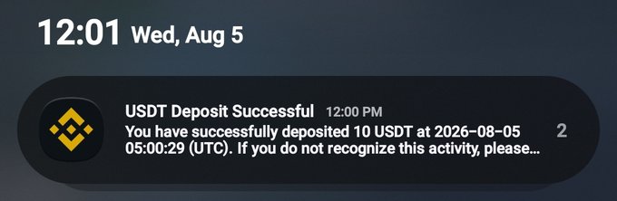 A phone notification from Binance showing a 'USDT Deposit Successful' message at 12:00 PM on Wed, Aug 5, confirming a 10 USDT deposit.