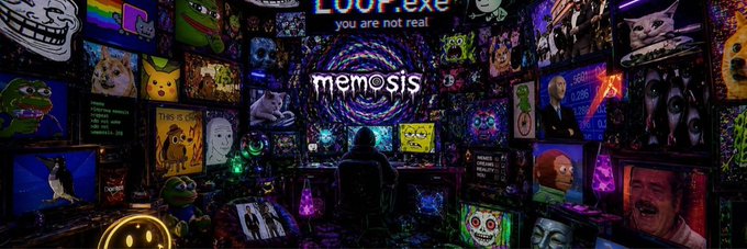 A dark, meme-filled banner features the $memosis branding with the text "memosis" and "you are not real," surrounded by a chaotic collage of popular internet meme images including Trollface, Doge, Pepe, and various viral characters, all arranged around a hooded figure at a computer. The banner visually captures the meme-centric, surreal identity of the Solana token being launched on Moby.