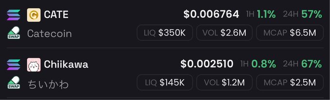 The image displays a cryptocurrency tracking dashboard showing two meme coins—CATE (Catecoin) at $0.006764 with a 57% 24-hour gain and $6.5M market cap, and Chiikawa (ちいかわ) at $0.002510 with a 67% 24-hour gain and $2.5M market cap—both available on Solana DEX. These substantial 24-hour surges illustrate the "cat coin supercycle" referenced in the post, highlighting the strong momentum of cat-themed meme coins in the market.