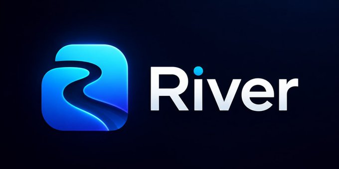 An app icon for "River" is displayed, featuring a blue and cyan stylized river design next to the brand name on a dark blue background.